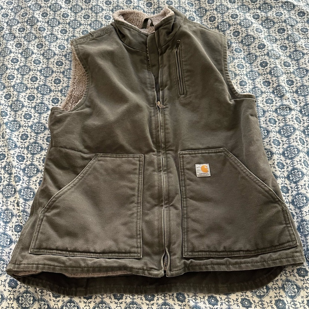 Carhartt Sherpa Lined Canvas Vest Womens Sz Medium 8-10 Green Full Zip WV001 383